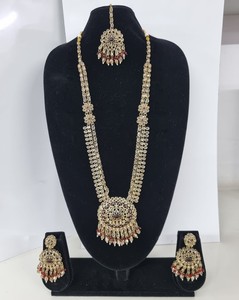 Luxurious Ethnic Sun Mandala Pendant Rani Haar Antique Gold Plated Zircon Long Necklaces <b>Beads</b> 3-Piece Floral Bridal <b>Sets</b> - Product Image 5