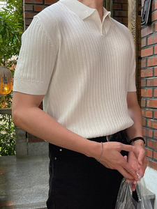 Camiseta de punto acanalado para hombre, cuello en V, manga corta, informal, lisa, color blanco, talla L - Product Image 2
