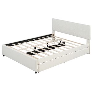 Letto matrimoniale imbottito in tessuto di lino con testiera a motivo mattoni, beige, con letto estraibile singolo XL (Vecchio SKU SF00000) - Product Image 4