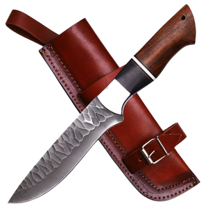 Cuchillo de Caza de Hoja Fija con Patrón Negro y Mango de Madera Marrón, Empuñadura de Metal Plateado, Cuchillo Utilitario para Supervivencia y Camping al Aire Libre - Product Image 4