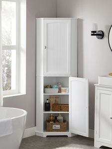 White Teak Wood Bathroom <b>Cabinet</b> <b>Corner</b> Storage Tower Slim Tall Cupboard with Double Doors - Product Image 1