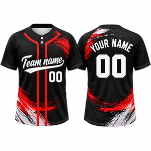 Uniforme de baseball personnalisé imprimé par sublimation en polyester/coton, col en V à deux boutons, évacuation de l'humidité, séchage rapide, nom de l'équipe, logo avant - Product Image 1