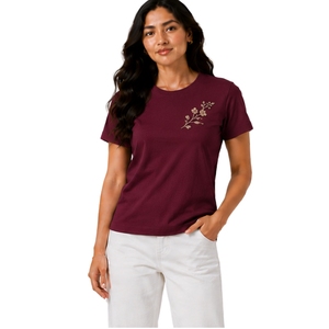 T-shirt en coton beige à col rond brodé floral pour femme, manches courtes, décontracté, personnalisé, OEM, premium, mode estivale - Product Image 1