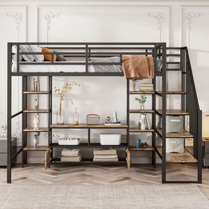 <b>Black</b> Full-Size Metal Loft <b>Bed</b> with Staircase Low <b>Storage</b> Table <b>Storage</b> Shelves - Product Image 3