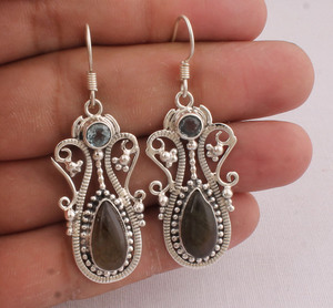 Boucles d'oreilles pendantes vintage en labradorite naturelle et argent sterling 925, bijoux faits main en pierres précieuses pour femmes, vente en gros - Product Image 2