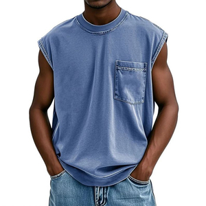 2026 Trendy <b>Men's</b> Green Sleeveless Tank Top With Chest Pocket O-Neck Casual Knitted Cotton <b>Singlet</b> Solid Color Design - Product Image 3