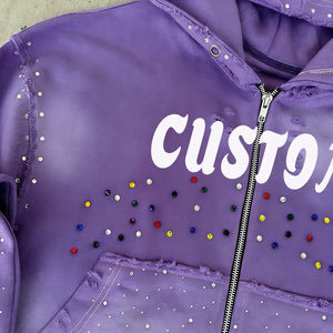 Sweat à capuche zippé violet personnalisable pour homme WASHED avec détails en strass, bords usés, style streetwear, coupe oversize, épais - Product Image 3