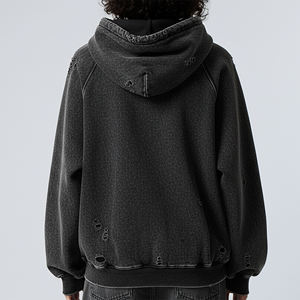 Sweat-shirt à capuche noir pour femme en mélange de coton tricoté, manches longues, effet délavé, logo frontal, collection automne, vente en gros - Product Image 2