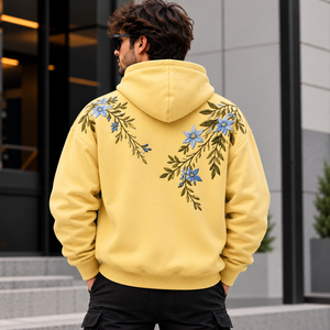 Sudadera con Capucha Personalizada con Estampado Floral para Hombre, Sudadera Amarilla con Mangas Raglán y Bolsillo, Informal, para Otoño y Primavera - Product Image 3