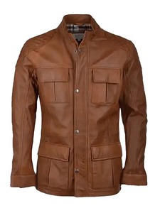 เสื้อแจ็คเก็ตหนังสีน้ำตาลผู้ชายแบบสี่กระเป๋า - Product Image 1