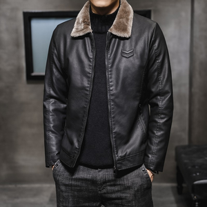 Veste en cuir marron pour homme avec col en fausse fourrure, fermeture éclair, coupe ajustée, style moto, vêtement d'hiver, couleur unie, longueur normale - Product Image 3