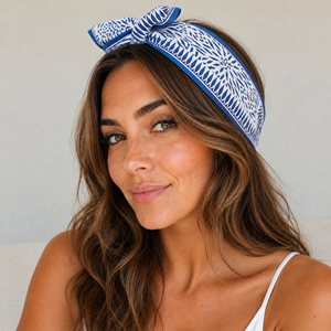 Diadema de algodón con patrón geométrico azul y blanco, diadema informal transpirable estilo primavera-verano para la cabeza y el cuello, unisex - Product Image 1