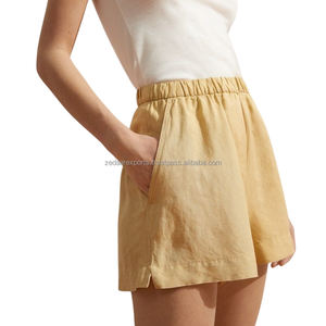 Pantalones cortos de mezcla de algodón y lino para mujer de cintura alta, ajuste holgado informal con tejido relajado transpirable, estilo alto teñido liso - Product Image 2