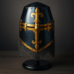 Casco de Caballero Templario Medieval con Cruz Roja, Armadura con Cadena Plateada y Forro de Cuero, Usable - Product Image 6
