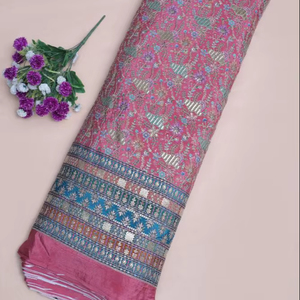 ผ้าเครปธรรมชาติสีชมพูลายดอกไม้ตกแต่งสำหรับชุดเดรส kurti เสื้อผ้าสไตล์พื้นเมือง - Product Image 1