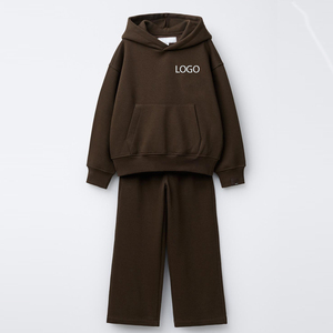 Ensemble de survêtement unisexe marron à capuche, couleur unie, en coton, décontracté, avec logo frontal, coupe ample, pour l'automne - Product Image 1