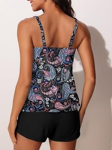 Conjunto de Tankini de 2 Piezas con Estampado Paisley para Mujer, Traje de Baño de Spandex y Poliéster, Shorts de Corte Regular, Estampado Digital Elástico - Product Image 3
