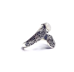 Elegant Oval Moonstone 925 <b>Sterling</b> <b>Silver</b> <b>Ring</b> Handmade Blue Flash Gemstone <b>Adjustable</b> Insect Textured Band - Product Image 3