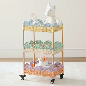 Handcrafted 3-Tier Scalloped Rattan Rolling Cart Multi-Color Woven Kids Nursery Utility Cart with Wheels for Kitchen Living Room - Product Image 3