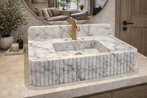 Fabricant de lavabos en marbre Calacatta, fournisseur de lavabos de salle de bain en marbre cannelé, lavabo de comptoir fait main pour projets hôteliers et de villas - Product Image 3