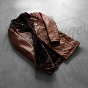 เสื้อโค้ทหนังแท้สีน้ำตาลวินเทจพรีเมียมสำหรับผู้ชาย - แจ็คเก็ตหนังแกะสำหรับฤดูหนาวความยาวปานกลางพร้อมปกขนเฟอร์เทียม - Product Image 5