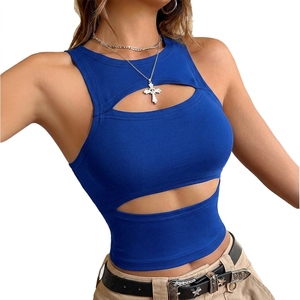 <b>Women's</b> <b>Black</b> Hollow Out <b>Tank</b> <b>Top</b> O-Neck Crop <b>Top</b> Sexy Club Wear Knitted Spandex Polyester Breathable Solid Color - Product Image 2