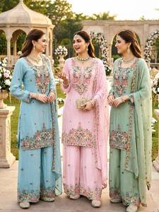 Ensemble de costume palazzo Fendy brodé de qualité supérieure avec dupatta assorti pour femme, ensemble Kurti palazzo Fendy de créateur avec broderies lourdes - Product Image 2