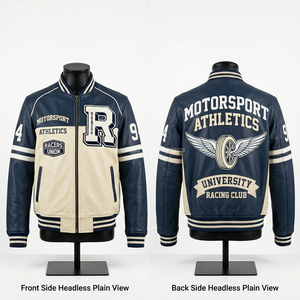 Navy Blue Leather Biker <b>Jacket</b> Heritage <b>Racing</b> Stopwatch Graphic Men Vintage Moto Coat Cream Sleeve Checked Pattern Apparel - Product Image 2