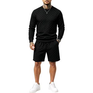 Men's Black Checkered <b>Sweater</b> <b>Set</b> Long Sleeve Top Drawstring <b>Shorts</b> Casual Summer Knitted Sportswear Outfit - Product Image 2