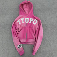Sweat à capuche personnalisé coupe-vent en molleton 100 % coton pour l'automne, style streetwear, avec fermeture éclair, appliqués et patchwork vieilli, pour fabricants
