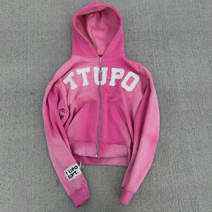 Hoodie personnalisé coupe-vent 100 % coton pour l'automne, style streetwear, avec fermeture éclair, appliqué, patchwork vieilli et broderie - Product Image 6