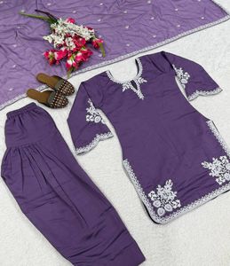 Purple Cotton Salwar Kameez With White Embroidery Pure Roman Cotton Embroidery Work <b>Top</b> & Farshi Salwar & Tabby Organza Dupatta - Product Image 1