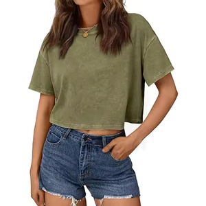 Wholesale Pure Cotton Slim Fit Summer Women's T-shirts Acid-washed Style Knitted Fabric Custom Logo crop <b>top</b> Women T Shirt - Product Image 5