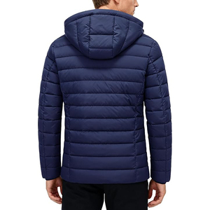 Men's Navy Blue Hooded Puffer <b>Jacket</b> Windproof Zipper Closure Polyester Winter Coat Casual Style Regular Fit - Product Image 4