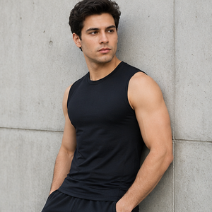 AULTRA ONE ENTERPRISES <b>Men's</b> <b>Black</b> O-Neck Sleeveless <b>Tank</b> <b>Top</b> 100% Cotton 3D Pattern Solid Color Knitted Casual Breathable - Product Image 5