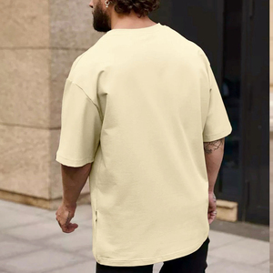 Camiseta de Algodón Lisa Beige Oversize para Hombre 2026 de Alta Demanda, Manga Corta, Cuello Redondo, Casual, Color Sólido, Hombro Caído, Ajuste OEM - Product Image 2