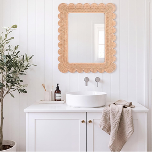 Small Scalloped Rattan <b>Wall</b> <b>Mirror</b> 23×17 Inch, Decorative Woven Frame <b>Mirror</b> <b>for</b> Bedroom, Entryway, <b>Bathroom</b>, and Home Decor - Product Image 1