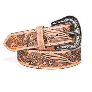 Custom Hand Carved Floral <b>Engraved</b> Vegetable Tanned Western Leather <b>Tooling</b> Belt with Designer Brass Pin buckle - Product Image 4