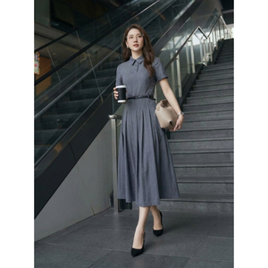 Vestido Midi Gris para Mujer, Manga Corta, Cuello de Solapa, Plisado, Línea A, con Cinturón, Elegante, Informal de Negocios, para Oficina, Fiesta, Venta al por Mayor - Product Image 1
