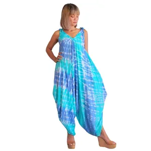 Combinaison ample pour femme, bleu aqua, tie-dye, sans manches, col en V, style bohème, pantalon harem, tenue de vacances d'été - Product Image 1