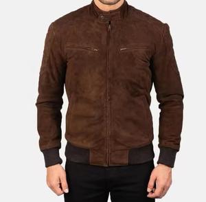 <b>Men's</b> Brown <b>Suede</b> Moto <b>Jacket</b> Stand Collar Zipper Closure Regular Sleeve Autumn Wear Solid Color - Product Image 6