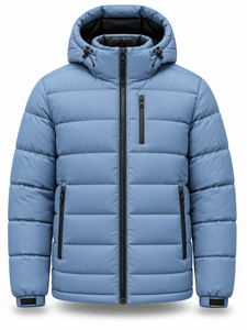 Men's Blue Hooded Puffer <b>Jacket</b> Waterproof Quick Dry Front Windproof <b>Casual</b> Zipper 100% Polyester Regular Length Winter Coat - Product Image 1