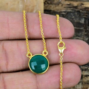 Collar de Piedras Preciosas de Ónix Verde Natural en Forma Redonda, Cadena de Plata de Ley 925 con Micras de Oro de 18k - Product Image 2