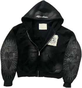 Black Cropped Zip Up Hoodie Men's Oversized Cotton Blend <b>Sweatshirt</b> Embroidered Patch Washed Streetwear - Product Image 2