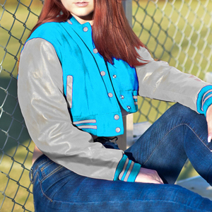 <b>Womens</b> Varsity Crop <b>Jacket</b> <b>Light</b> Blue Grey Letterman Style Bomber Coat Faux Leather Sleeves Casual Outerwear Ladies Fashion - Product Image 3