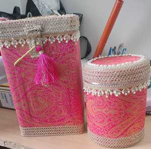 Boîte à Bhaji de mariage en acier inoxydable, boîte à bonbons avec tissu décoratif et dentelle dorée pour cadeaux de mariage, cadeaux festifs - Product Image 3