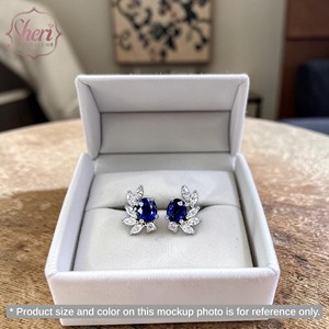 [Sheri Jewels] Pendientes de Oro Blanco Sólido de 18K con Diamantes Marquise y Zafiro Natural para Mujer - Regalo para Ella - Product Image 3