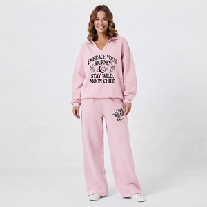 <b>Women</b> Long Sleeve Tracksuit Casual 100% Cotton Fleece Turn Down Collar Elastic Waist Wide Leg Pants Winter Streetwear Tracksuit - Product Image 1