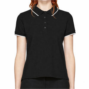 Polo de Manga Corta Negro para Mujer con Ribete Blanco en Cuello y Puños, Estilo Casual, Tejido Piqué de Algodón, Corte Regular - Product Image 1