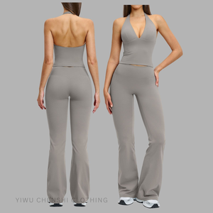 Women's Solid Deep V Neck Sleeveless High Waist 3-Piece Gym Activewear Set Quick Dry Breathable Spandex/Nylon Fabric - Product Image 4
